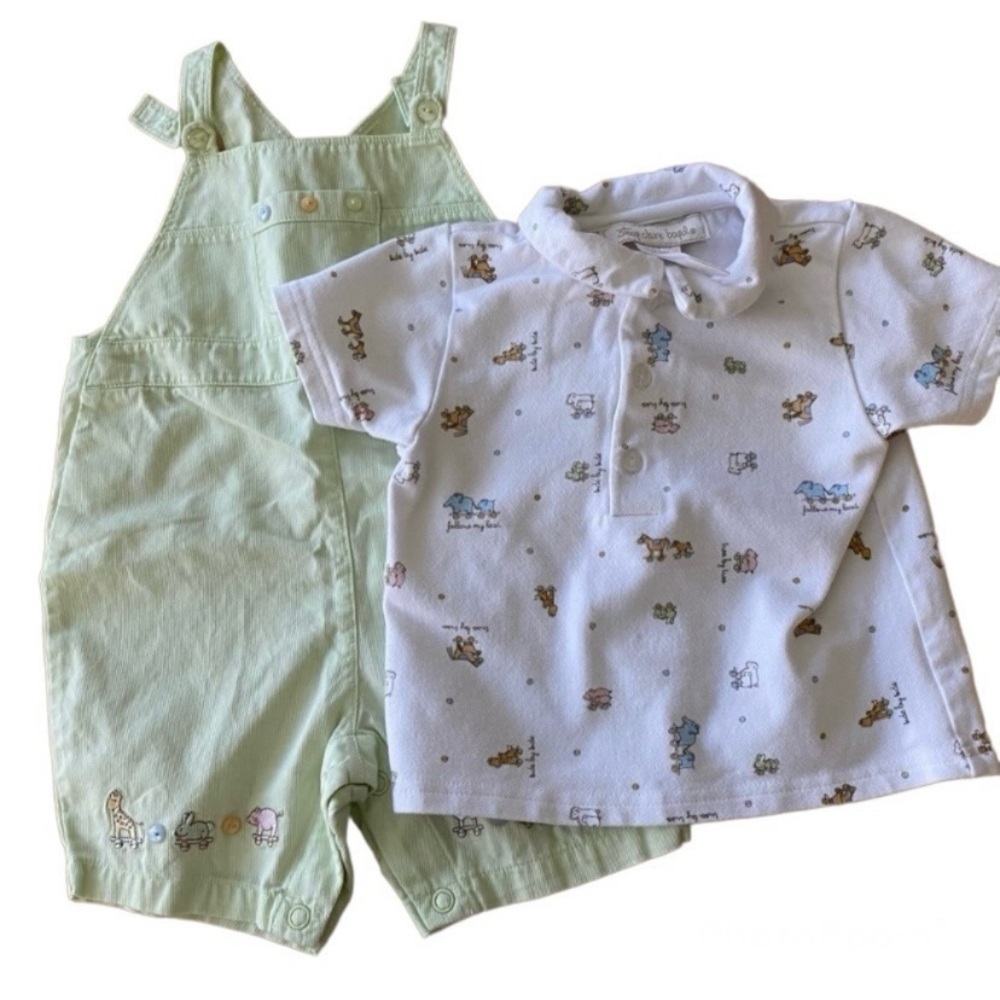 Stacy Claire Boyd Baby Overalls and Animal Print Polo Set - Green and Wh…